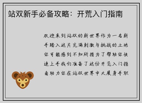 站双新手必备攻略：开荒入门指南
