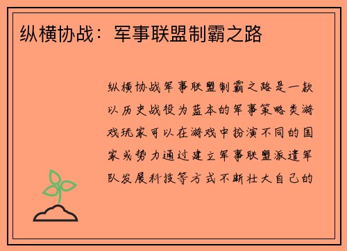纵横协战：军事联盟制霸之路