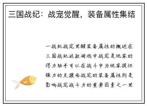 三国战纪：战宠觉醒，装备属性集结