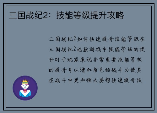 三国战纪2：技能等级提升攻略