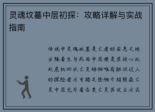 灵魂坟墓中层初探：攻略详解与实战指南
